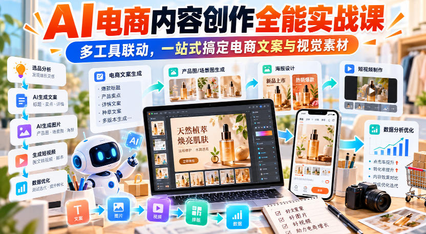 【无水印】AI电商内容创作全能实战课｜多工具联动，一站式搞定电商文案与视觉素材插图