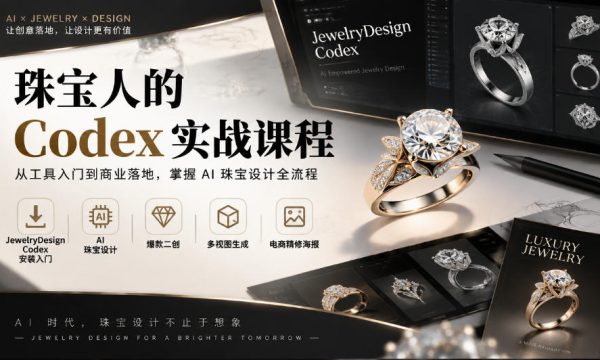 珠宝人的Codex实战课程｜JewelryDesign Codex安装入门、AI珠宝设计、爆款二创、多视图生成、电商精修海报全链路教学