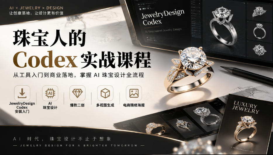 珠宝人的Codex实战课程|JewelryDesign Codex安装入门、AI珠宝设计、爆款二创、多视图生成、电商精修海报全链路教学-副业部