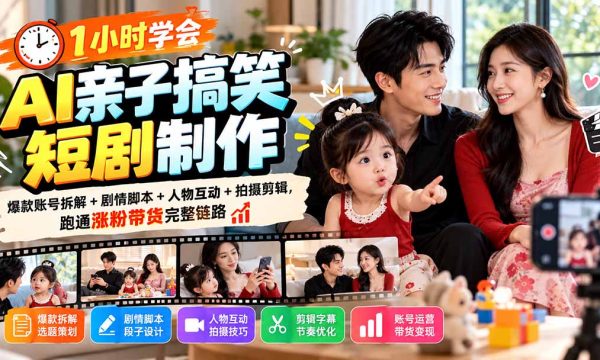 （20807期）1小时学会AI亲子搞笑短剧制作：爆款账号拆解+剧情脚本+人物互动+拍摄剪辑，跑通涨粉带货完整链路