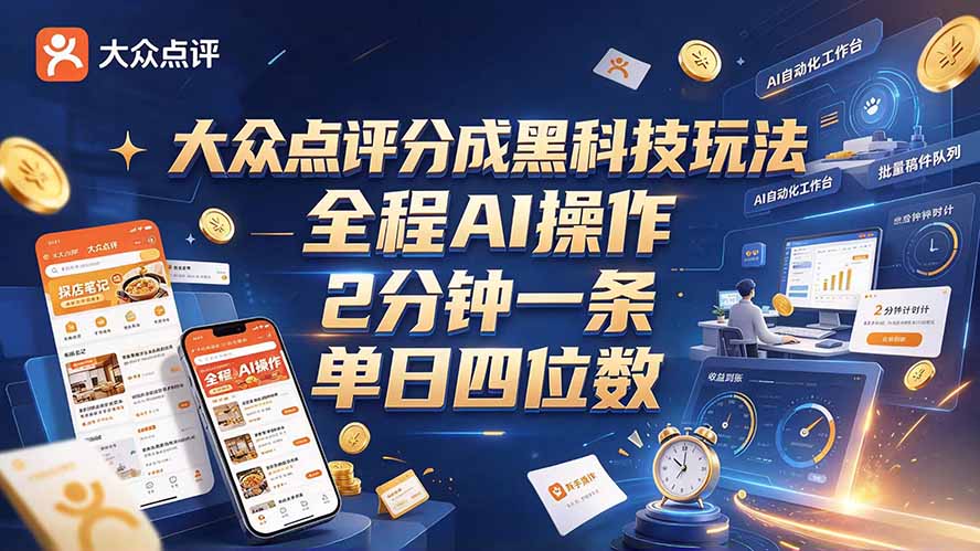 （21013期）大众点评分成全网独家玩法，AI 全自动出内容，2 分钟一条，小白可冲单日四位数-副业部
