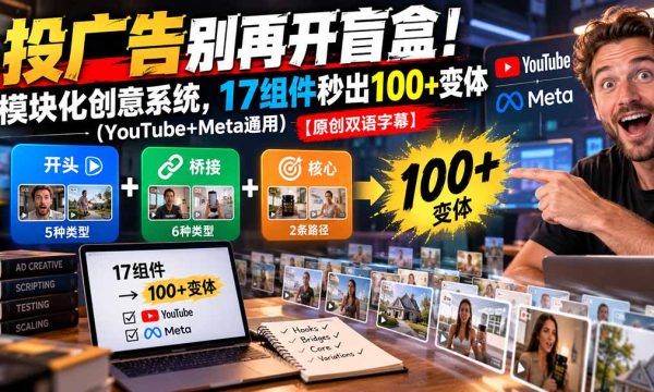 （20840期）投广告别再开盲盒！模块化创意系统，17组件秒出100+变体（YouTube+Meta通用）【原创双语字幕】