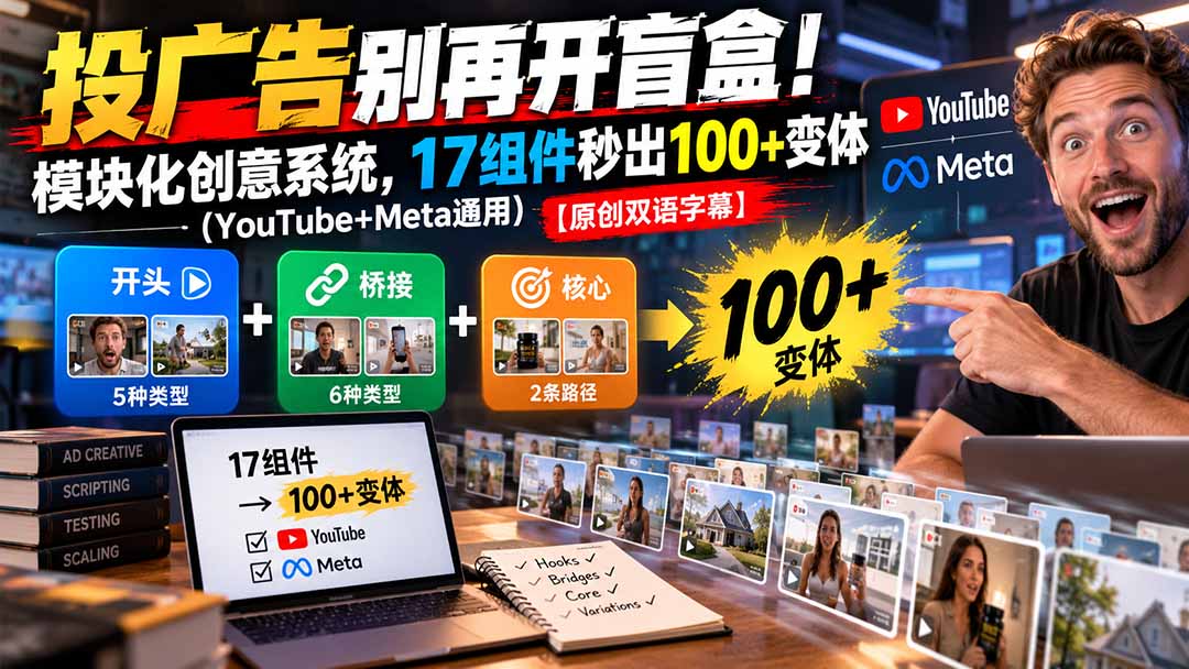 （20840期）投广告别再开盲盒！模块化创意系统，17组件秒出100+变体（YouTube+Meta通用）【原创双语字幕】-副业部