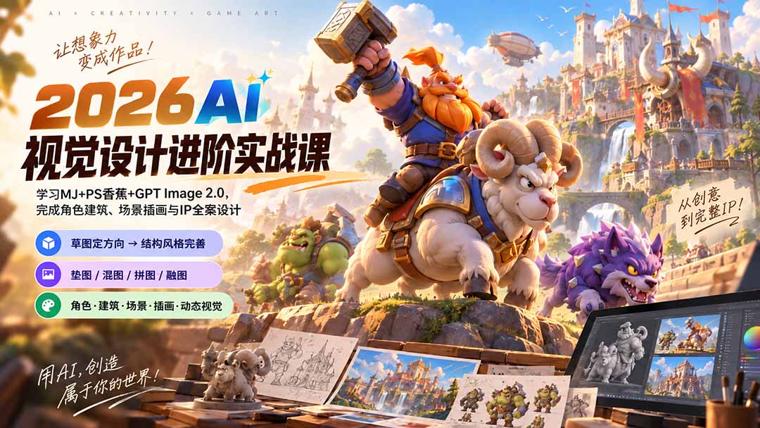 (20852期)2026AI视觉设计进阶实战课-更新1007:学习MJ+PS香蕉+GPT Image 2.0,完成角色建筑、场景插画与IP全案设计-副业部