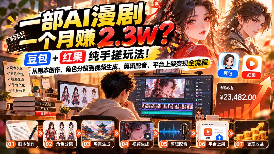 （21089期）一部AI漫剧一个月赚2.3W？豆包+红果纯手搓玩法！从剧本创作、角色分镜到视频生成、剪辑配音、平台上架变现全流程-副业部