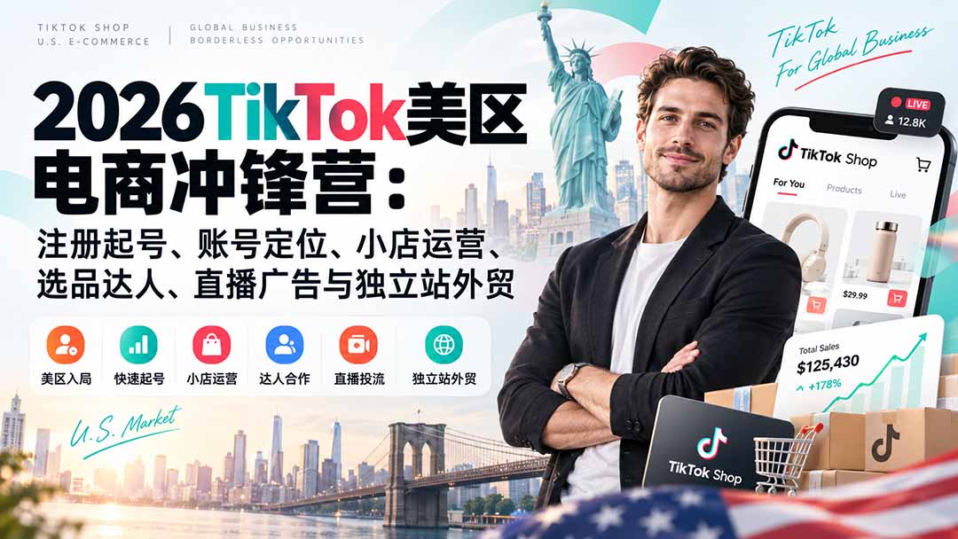 （20858期）2026TikTok美区电商冲锋营：注册起号、账号定位、小店运营、选品达人、直播广告与独立站外贸-副业部