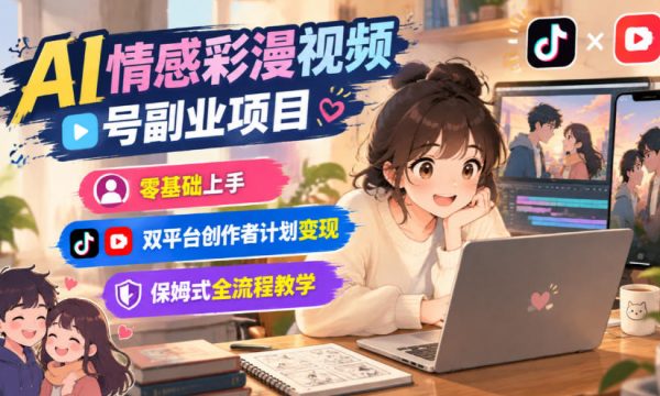 AI情感彩漫视频号副业项目，零基础上手，双平台创作者计划变现，保姆式全流程教学