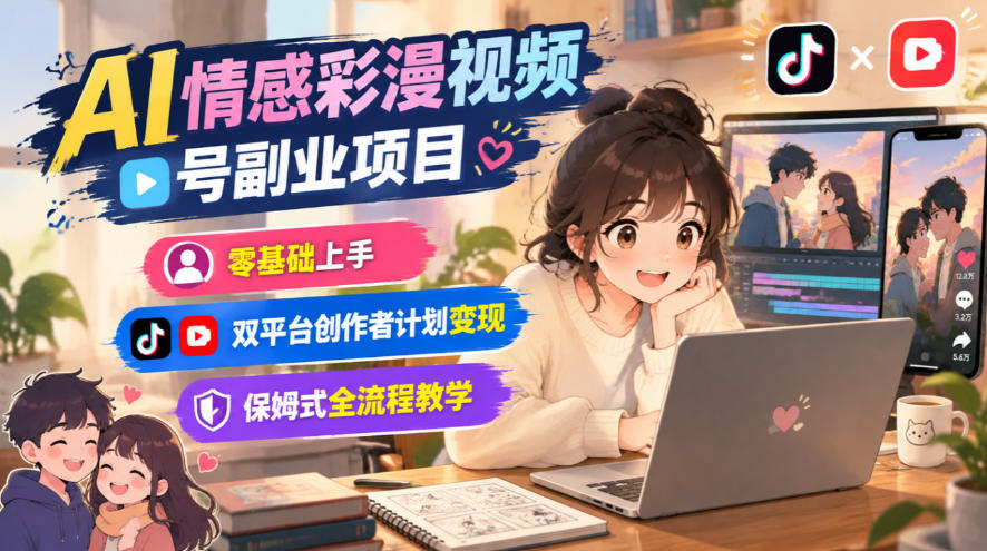AI情感彩漫视频号副业项目，零基础上手，双平台创作者计划变现，保姆式全流程教学-副业部