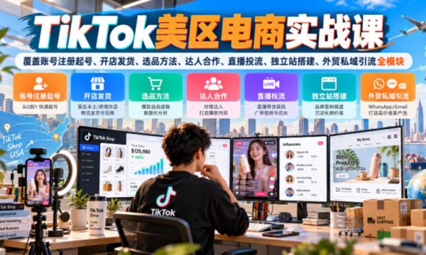 TikTok美区电商实战课，覆盖账号注册起号、开店发货、选品方法、达人合作、直播投流、独立站搭建、外贸私域引流全模块