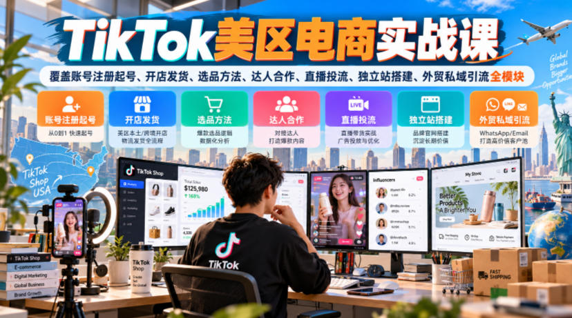 TikTok美区电商实战课，覆盖账号注册起号、开店发货、选品方法、达人合作、直播投流、独立站搭建、外贸私域引流全模块-副业部