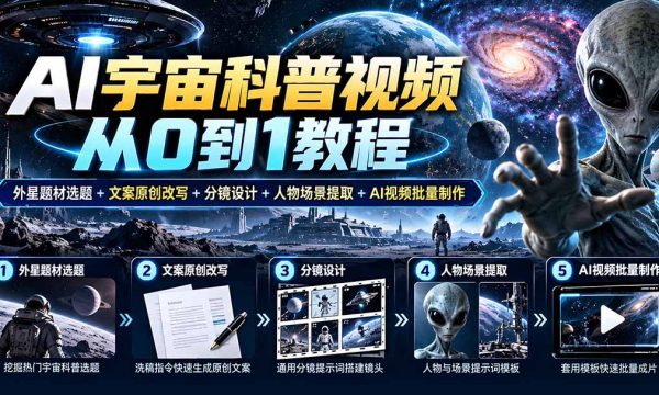 （20774期）AI宇宙科普视频从0到1教程｜外星题材选题+文案原创改写+分镜设计+人物场景提取+AI视频批量制作