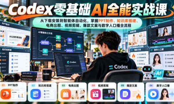 Codex零基础AI全能实战课：从下载安装到智能体自动化，掌握知识库搭建、电商出图、视频剪辑、爆款文案与数字人口播全流程