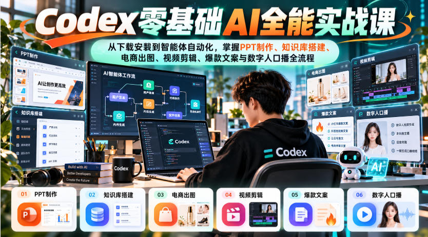 Codex零基础AI全能实战课：从下载安装到智能体自动化，掌握知识库搭建、电商出图、视频剪辑、爆款文案与数字人口播全流程-副业部