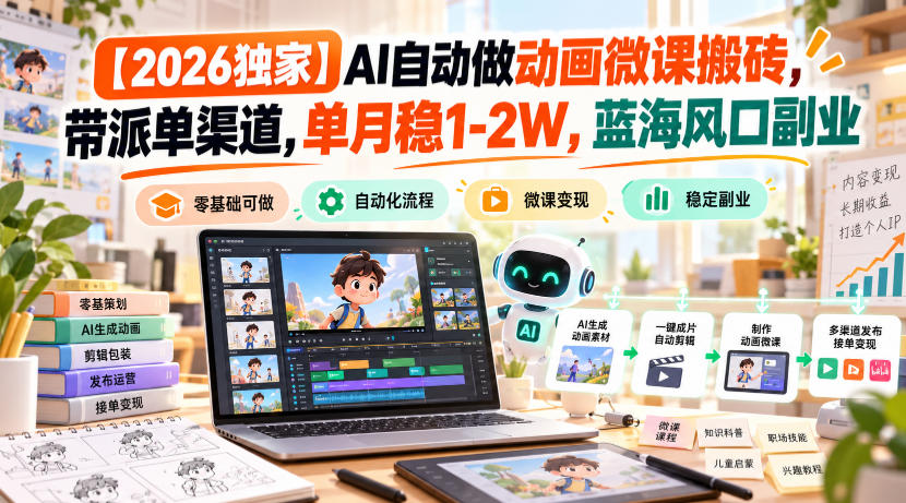 【2026独家】AI自动做动画微课搬砖，带派单渠道，单月稳1-2W，蓝海风口副业【揭秘】-副业部