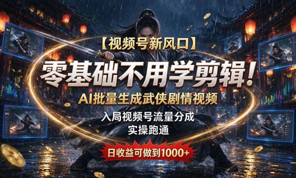 （20780期）【视频号新风口】零基础不用学剪辑！AI 批量生成武侠剧情视频，入局视频号流量分成，实操跑通，日收益可做到 1000+