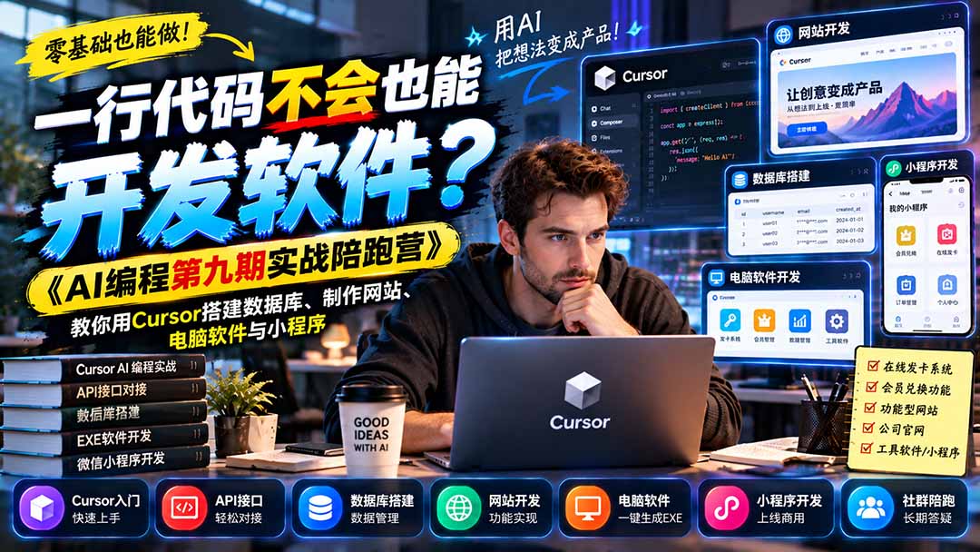 (21146期)一行代码不会也能开发软件?《AI编程第九期实战陪跑营》教你用Cursor搭建数据库、制作网站、电脑软件与小程序-副业部