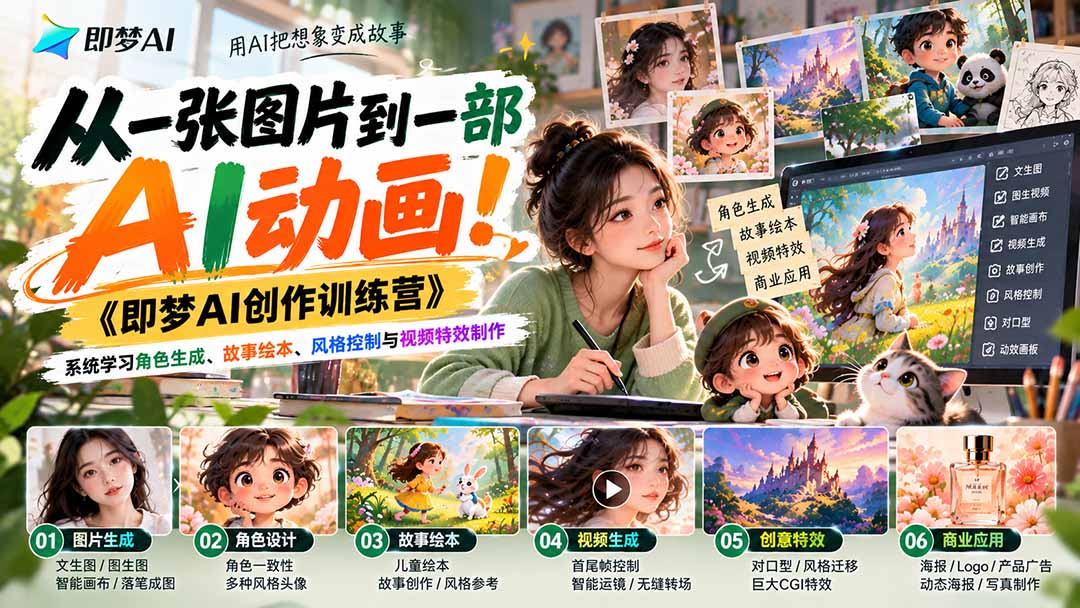 （21160期）【无水印】从一张图片到一部AI动画！《即梦AI创作训练营》系统学习角色生成、故事绘本、风格控制与视频特效制作-副业部