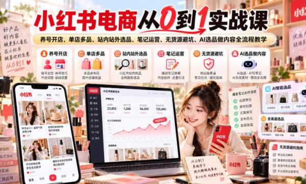 小红书电商从0到1实战课｜养号开店、单店多品、站内站外选品、笔记运营、无货源避坑、AI选品做内容全流程教学