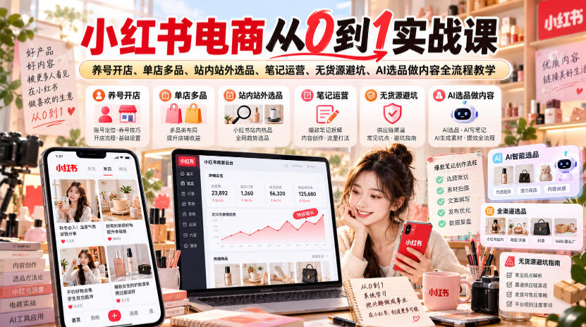 小红书电商从0到1实战课｜养号开店、单店多品、站内站外选品、笔记运营、无货源避坑、AI选品做内容全流程教学-副业部