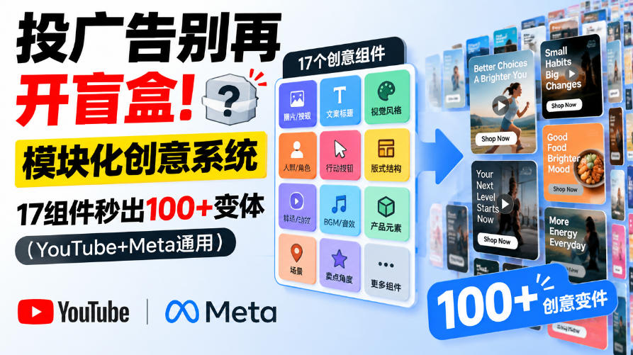 投广告别再开盲盒！模块化创意系统，17组件秒出100+变体（YouTube+Meta通用）【原创双语字幕】-副业部