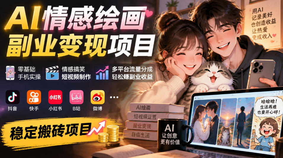 AI情感绘画副业变现项目｜零基础手机实操，情感搞笑短视频制作，多平台流量分成轻松賺副业收益-副业部