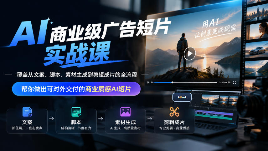 AI商业级广告短片实战课，覆盖从文案、脚本、素材生成到剪辑成片的全流程，帮你做出可对外交付的商业质感AI短片-副业部