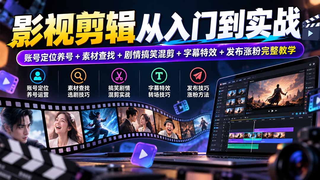 （20812期）影视剪辑从入门到实战：账号定位养号+素材查找+剧情搞笑混剪+字幕特效+发布涨粉完整教学-副业部