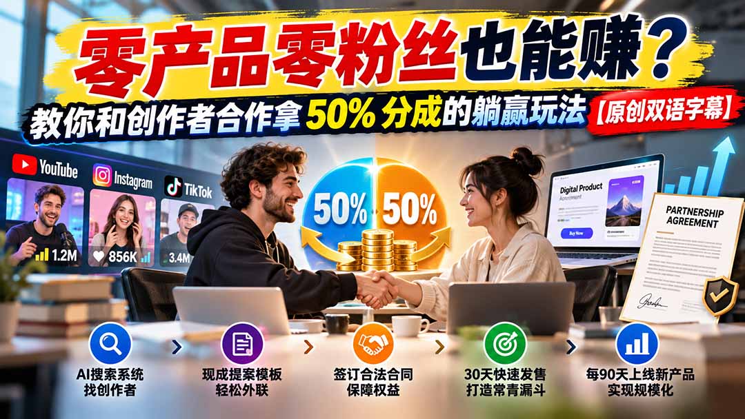 （20957期）零产品零粉丝也能赚？教你和创作者合作拿 50% 分成的躺赢玩法【原创双语字幕】-副业部