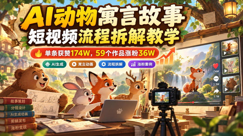 AI动物寓言故事短视频流程拆解教学,单条获赞174W,59个作品涨粉36W-副业部