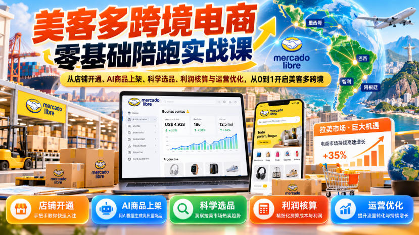 美客多跨境电商零基础陪跑实战课：从店铺开通、AI商品上架、科学选品、利润核算与运营优化，从0到1开启美客多跨境-副业部