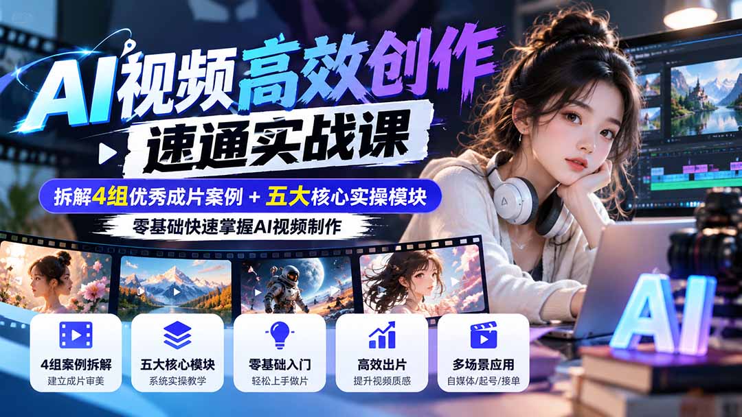 （20819期）【无水印】AI视频高效创作速通实战课：拆解4组优秀成片案例+五大核心实操模块，零基础快速掌握AI视频制作插图1