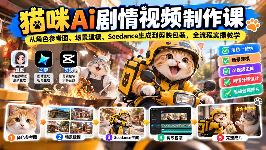 （20793期）猫咪AI剧情视频制作课：从角色参考图、场景建模、Seedance生成到剪映包装，全流程实操教学插图1