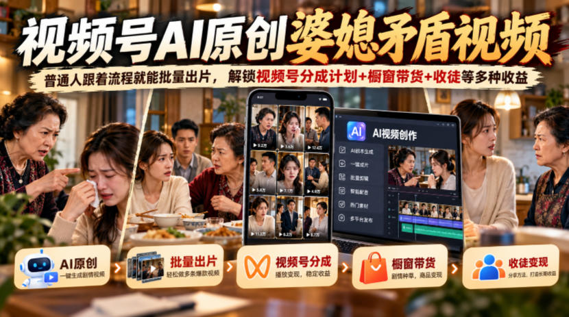 视频号ai原创婆媳矛盾视频，普通人跟着流程就能批量出片，解锁视频号分成计划+橱窗带货+收徒等多种收益-副业部