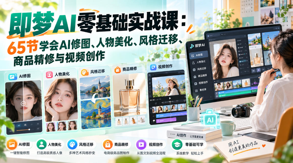即梦AI零基础实战课：65节学会AI修图、人物美化、风格迁移、商品精修与视频创作-副业部