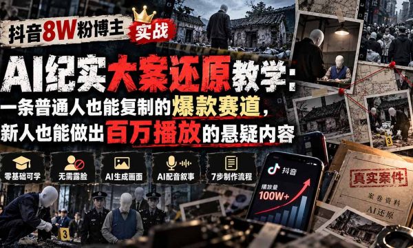 （20865期）抖音8W粉博主AI纪实大案还原教学：一条普通人也能复制的爆款赛道，新人也能做出百万播放的悬疑内容