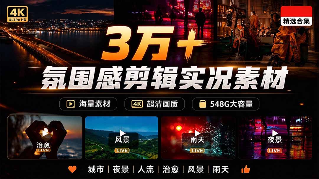 （21009期）氛围感3万+海量高清剪辑实况素材，含雨天、雪天、夜景、街道等经典场景，伤感唯美励志短视频无水印素材-副业部