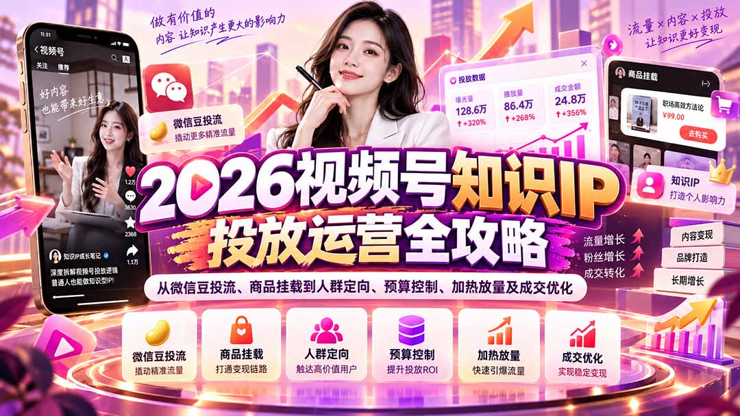 (20860期)2026视频号知识IP投放运营全攻略:从微信豆投流、商品挂载到人群定向、预算控制、加热放量及成交优化插图1 (20860期)2026视频号知识IP投放运营全攻略:从微信豆投流、商品挂载到人群定向、预算控制、加热放量及成交优化插图1