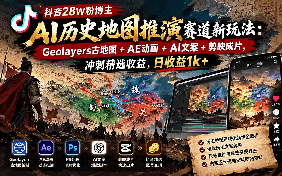 （20809期）抖音28W粉博主AI历史地图推演赛道新玩法：Geolayers古地图+AE动画+AI文案+剪映成片，冲刺精选收益，日收益1k+插图