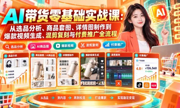 （20856期）AI带货零基础实战课：从选品分析、商品套图、详情图制作到爆款视频生成、混剪复刻与付费推广全流程