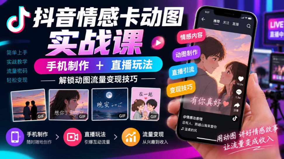 抖音情感卡动图实战课|手机制作+直播玩法,解锁动图流量变现技巧插图 抖音情感卡动图实战课|手机制作+直播玩法,解锁动图流量变现技巧插图