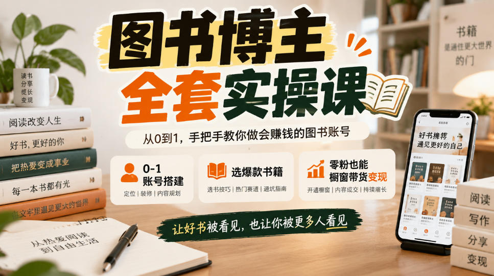 图书博主全套实操课，0‑1账号搭建，选爆款书籍，零粉也能橱窗带货变现-副业部