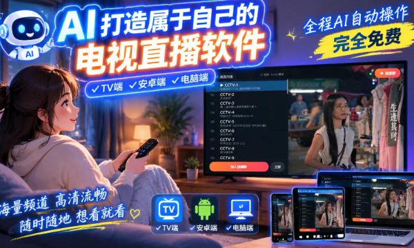 一个提示词，AI全自动做出电视直播软件，电脑、安卓、电视三端通用，完全免费，画质流畅不卡顿