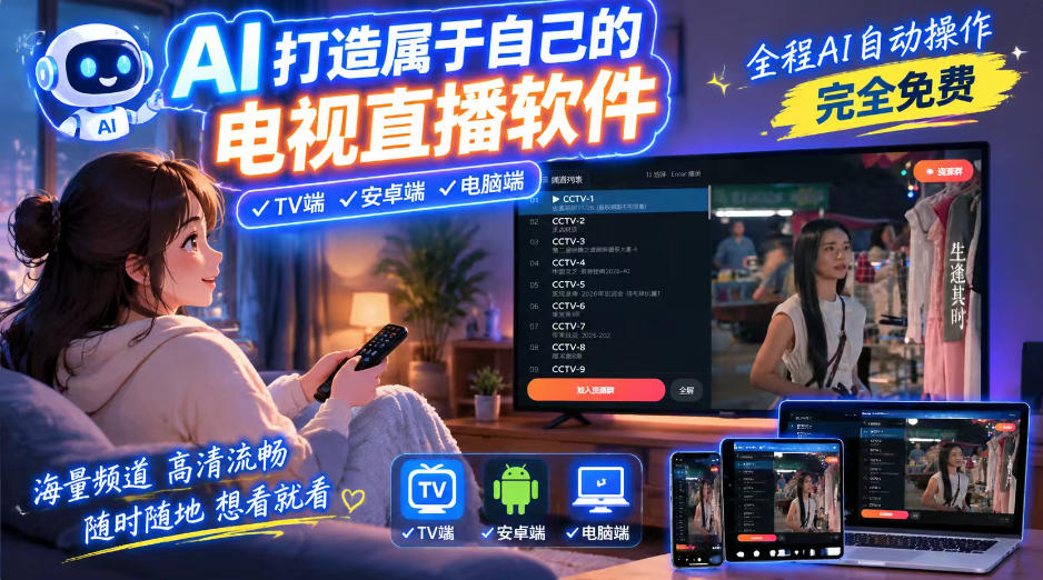 一个提示词,AI全自动做出电视直播软件,电脑、安卓、电视三端通用,完全免费,画质流畅不卡顿插图 一个提示词,AI全自动做出电视直播软件,电脑、安卓、电视三端通用,完全免费,画质流畅不卡顿插图