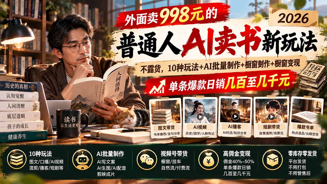 （20909期）外面卖998元的2026普通人AI卖书新玩法：不露脸、不囤货，10种玩法+AI批量制作+橱窗变现，单条爆款日销几百至几千元-副业部