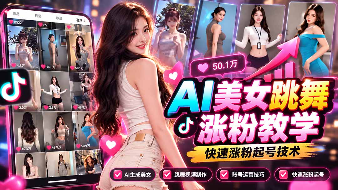 （21256期）AI美女跳舞涨粉教学，AI生成美女，跳舞视频制作，账号运营与快速起号涨粉-副业部