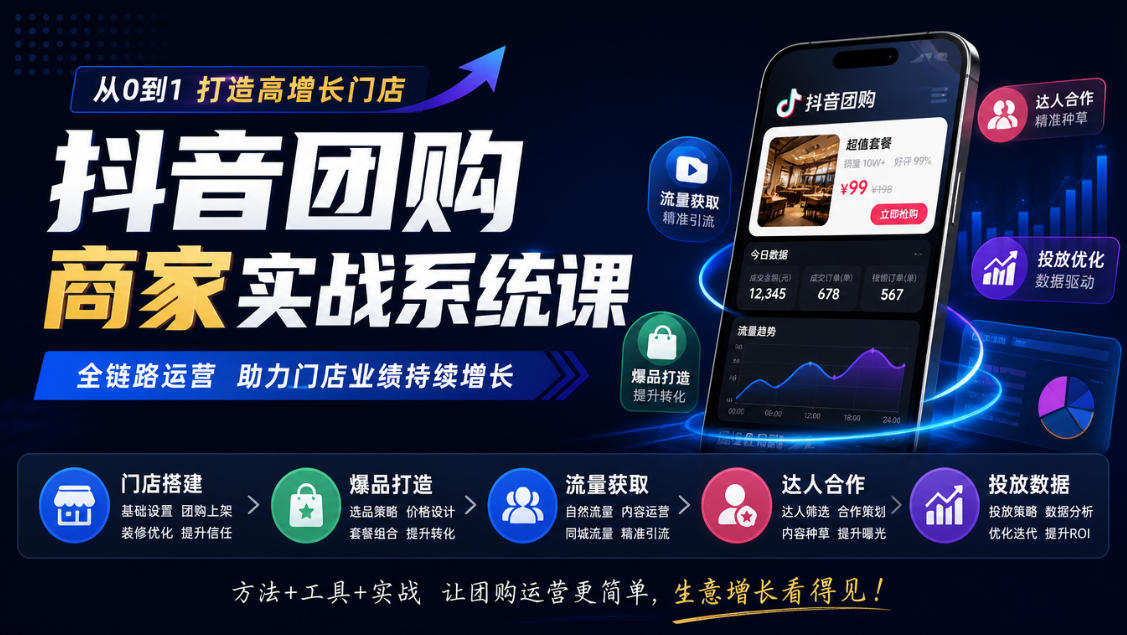 抖音团购商家实战系统课｜门店搭建、爆品打造、流量获取、达人合作、投放数据全链路运营插图