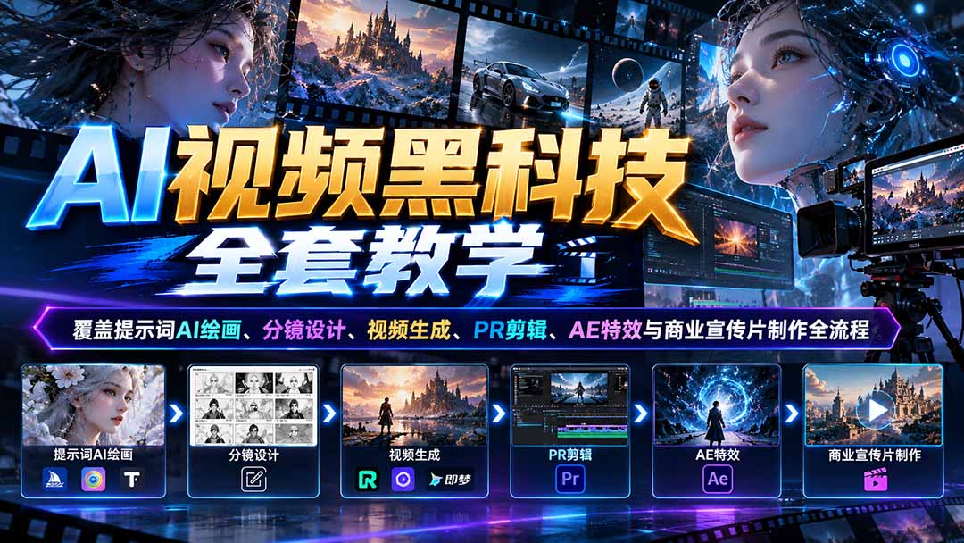 （21095期）AI视频黑科技全套教学：覆盖提示词AI绘画、分镜设计、视频生成、PR剪辑、AE特效与商业宣传片制作全流程-副业部