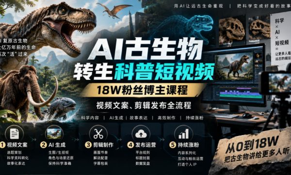 AI古生物转生科普短视频，18W粉丝博主课程，视频文案、剪辑发布全流程