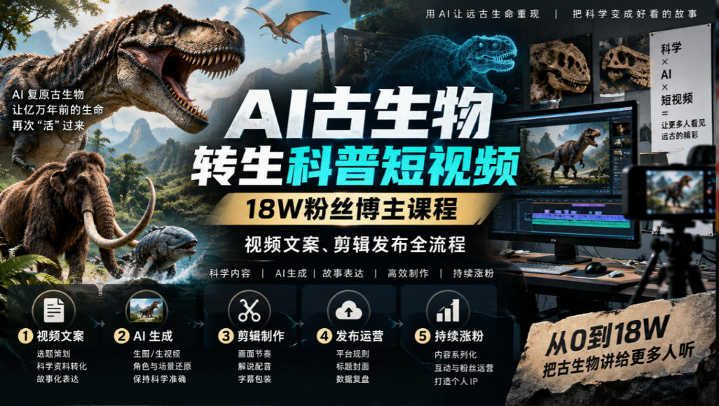 AI古生物转生科普短视频，18W粉丝博主课程，视频文案、剪辑发布全流程-副业部