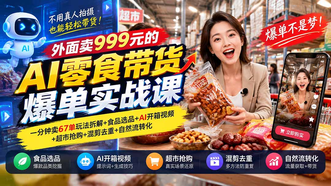 （20994期）外面卖999元的AI零食带货爆单实战课｜一分钟卖67单玩法拆解+食品选品+AI开箱视频+超市抢购+混剪去重+自然流转化-副业部